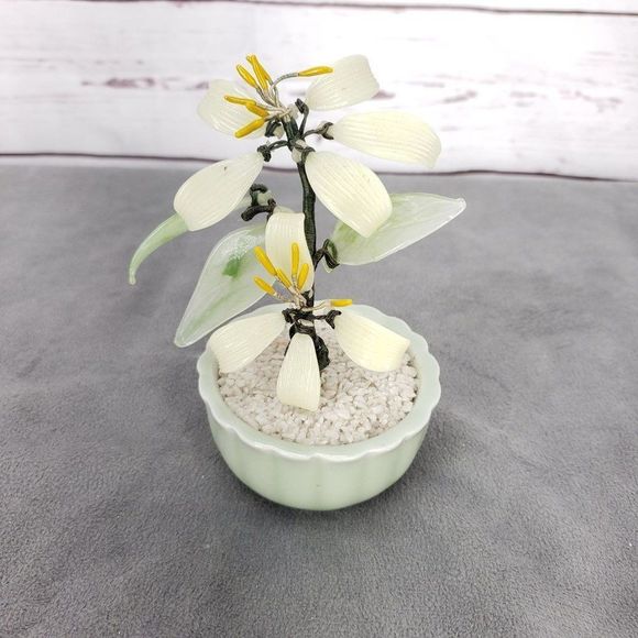 Taiwanese Spinach Jade & Semi Precious Gems Bonsai Tree, Vintage Bonsai Tree, Fl - Picture 10 of 11